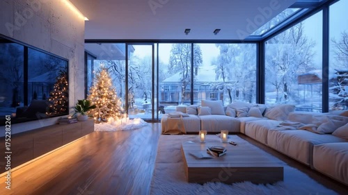 Cozy modern living room with christmas tree and snowy winter view