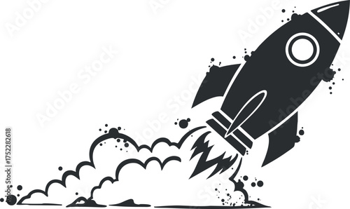 A stylized rocket launching upwards with smoke and flames, representing adventure and innovation.