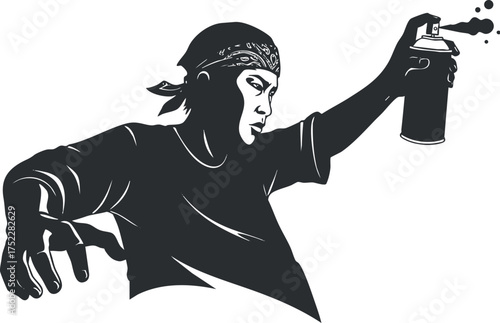 A dynamic illustration of a graffiti artist using spray paint in an urban setting.