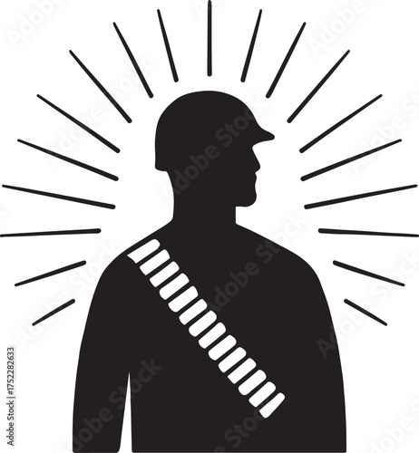Soldier silhouette with sunburst rays vector illustration symbolizing honor, bravery, and heroism.