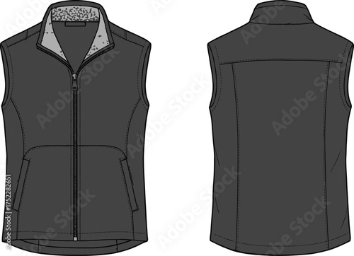 vest sleeveless zipper closure collar high pocket welt seam yoke lining pattern apparel garment clothing fashion textile template vector sketch illustration design prototype outerwearvest sleeveless z