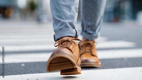 A man wearing brown shoes is walking across a crosswalk. The shoes are brown and have a leathery appearance