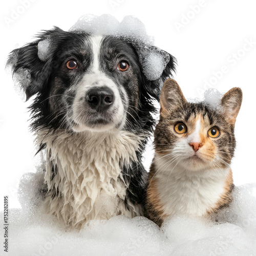 A border collie dog and a calico cat getting a bath together surrounded by white soap bubbles