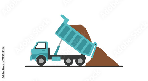 Turquoise Dump Truck Unloading Brown Soil and Dirt.
