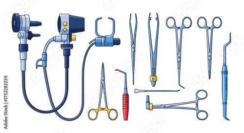 Assortment of Medical Surgical Instruments and Diagnostic Tools.