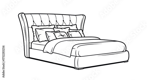 Elegant Upholstered Bed with Tall Tufted Headboard and Pillows.