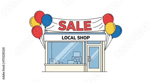 Local Shop Sale Event with Balloons and Banner