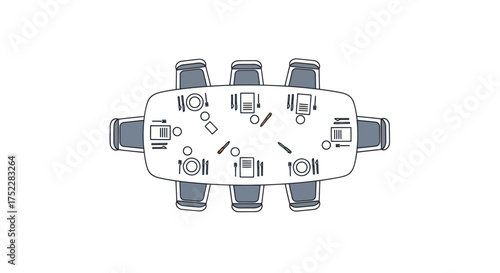 A minimalist top-down illustration of a dining table with eight chairs showing a formal place setting arrangement.