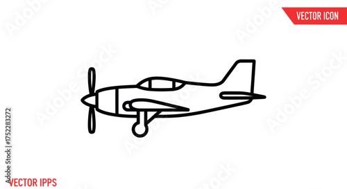 Simple black line icon of a vintage single-propeller airplane in side view.