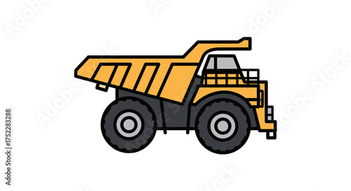 Yellow Dump Truck Illustration with Black Outline and Large Tires.