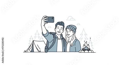 Couple Taking Selfie at Campsite with Tent and Campfire Enjoying Outdoor Adventure.