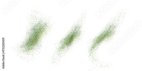 Set of isolated green matcha tea powder splashes with mint dust effect on white background.