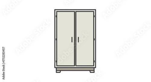 Simple Two-Door Light Gray Cabinet with Metal Handles.