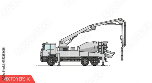 Detailed Line Drawing of a Concrete Mixer Truck with Boom Arm.