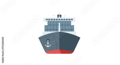 Flat design cargo ship carrying containers front view illustration.