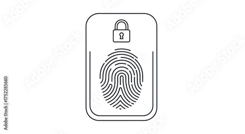 Minimalist line art icon of a fingerprint and padlock for biometric security.