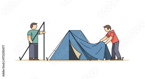 Two people setting up a blue camping tent outdoors.