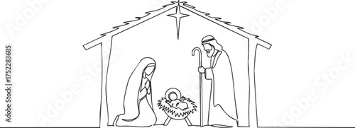 A simple line drawing of the nativity scene depicting Mary, Joseph, and baby Jesus.