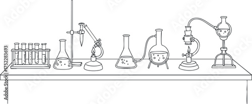 A detailed illustration of various laboratory glassware and equipment used in chemistry experiments.
