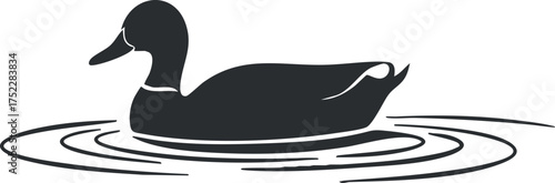 A silhouette of a duck swimming peacefully in a pond creating ripples in the water.