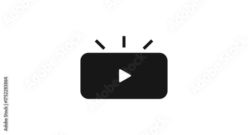 Black Video Play Button with Radiating Lines Icon on White Background.