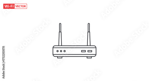 Wi-Fi router with two antennas and indicator lights vector line art illustration.