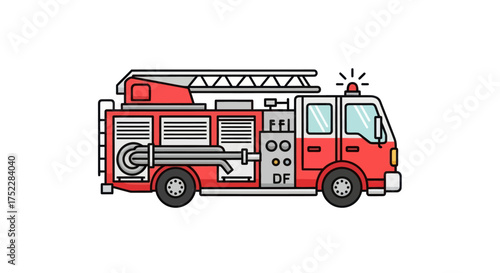 Vector illustration of a red and white fire truck with a ladder and flashing siren light.