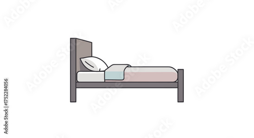 A simple side view illustration of a modern single bed with a grey frame and pastel bedding.