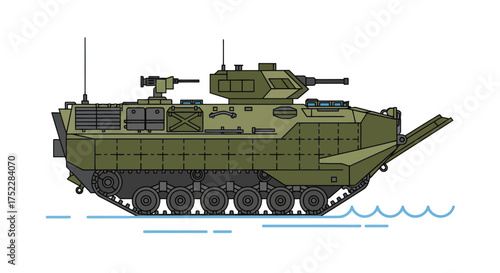 Green Amphibious Armored Military Vehicle Illustration with Turret.