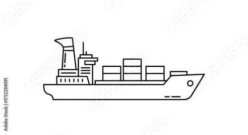 Simple line art icon of a container cargo ship for logistics and maritime transport.