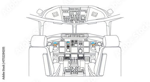 Technical line art illustration of an aircraft cockpit showing the flight deck controls yokes and instrument panel.