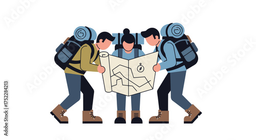 Group of hikers with backpacks studying a map for their adventure.