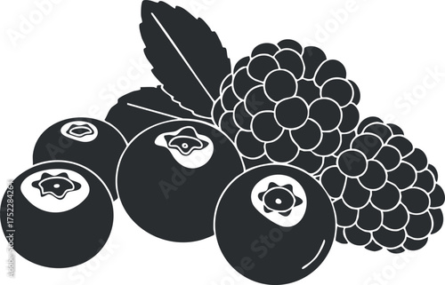 A collection of fresh blueberries and blackberries with green leaves, showcasing healthy fruits.