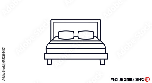 Simple black line art icon of a double bed with a headboard and two pillows front view.