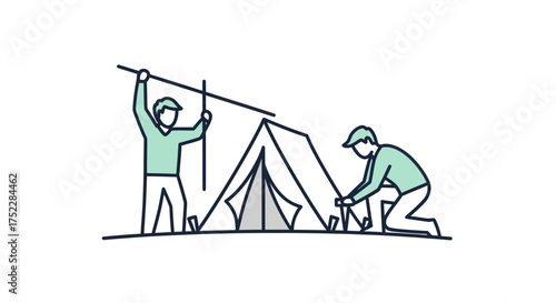 Two People Erecting a Simple Tent Outdoors for Camping.