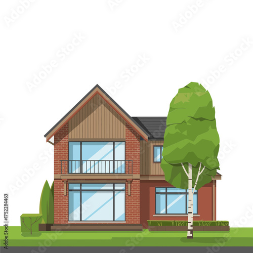 isometric contemporary two story house, brick and glass facade, large windows, backyard tree, modern residential architecture vector
