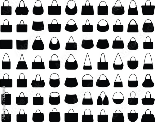 Black silhouette handbags collection, purse icons, women’s bag shapes, fashion accessories, tote bags, shoulder bags, vector design, isolated white background