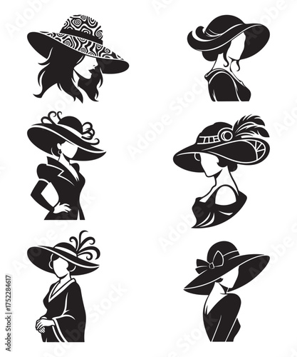 Elegant Fashion Women Silhouettes with Stylish Wide-Brim Hats..