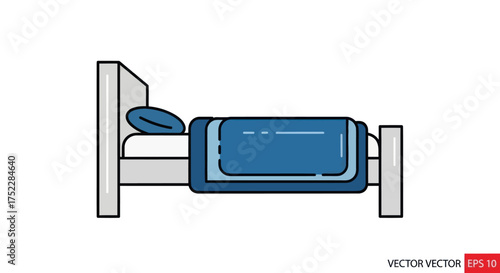 Bed with Blue Blanket and Pillow Simple Line Art Illustration.