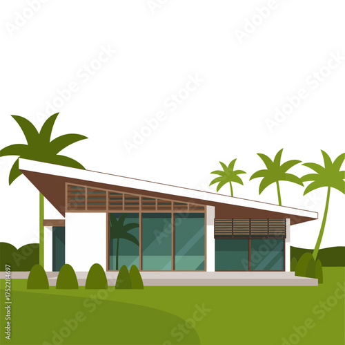 Contemporary coastal villa, dramatic shed roof, expansive glass walls, lush palms, elevated platform, breezy tropical architecture illustration vector