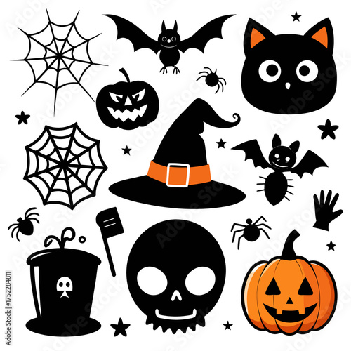 Black cat and spooky pumpkin vector set of Halloween icons with ghost and witch hat illustration