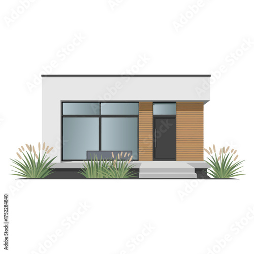 Single story modern home, flat roof profile, large windows, stucco and wood accents, ornamental grasses, contemporary housing vector