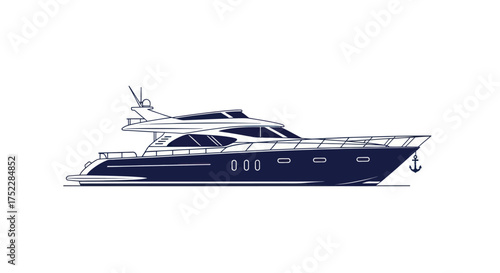 Side view illustration of a modern luxury motor yacht with a dark blue hull and white superstructure.