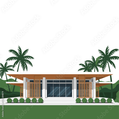 Tropical pavilion house, mid century modern design, open glass facade, flat roof canopy, palm landscaping, resort residence vector