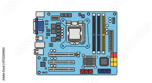 Detailed Illustration of a Blue Computer Motherboard with Components.