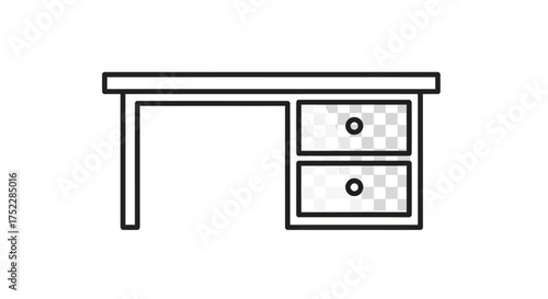 Minimalist line art illustration of a wooden office desk with two drawers and round handles.