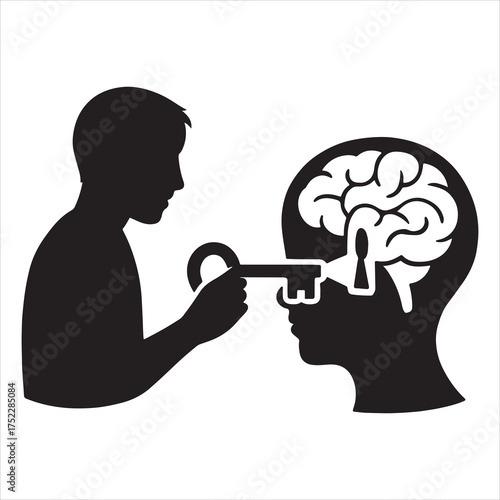 Person Unlocking Brain with Key  Silhouette Vector Art Illustration