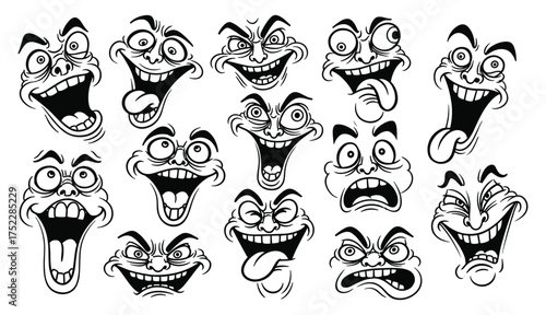Collection of black and white cartoon faces with exaggerated expressions and wide open mouths illustration