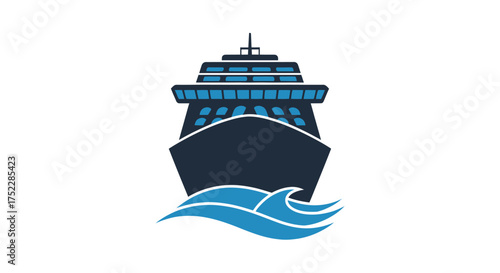 Stylized Cruise Ship Icon with Blue Waves.