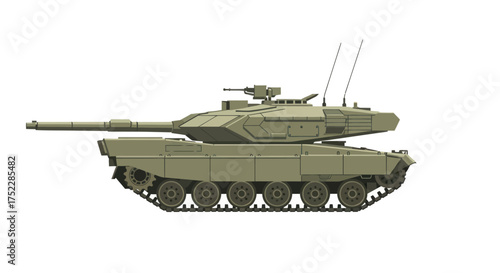 A modern main battle tank with green camouflage shown in a side profile view.